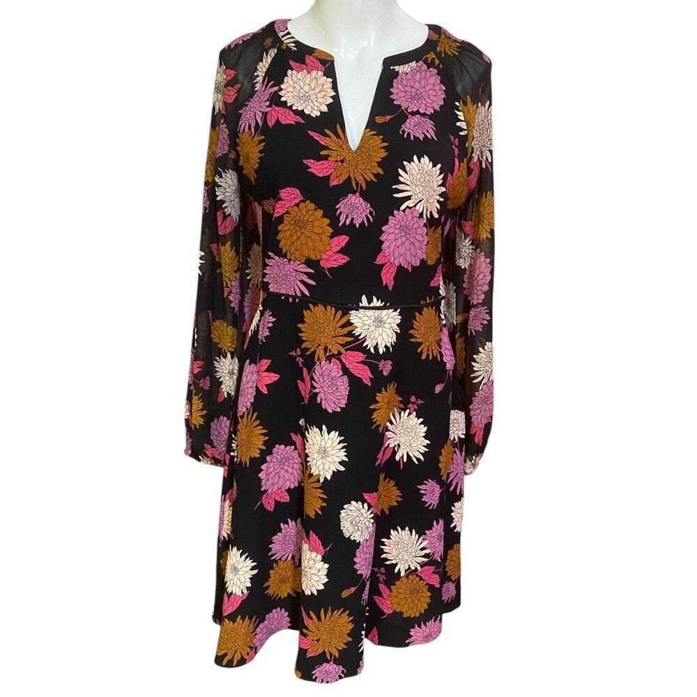 Ann Taylor Autumnal Floral Chiffon Sleeve Flare Dress Size 2